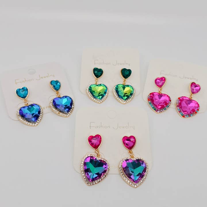 Colorful Rhinestone Heart-shaped Glass Earrings for wholesale by Mio Queena