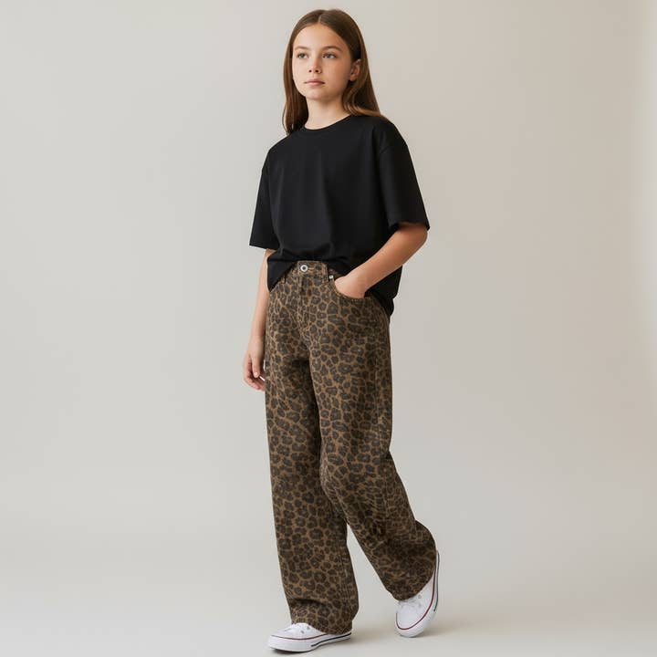 Leopardenmuster High-Waist-Jeans mit weitem Bein für den Großhandel von Zeus and Lexi Kids