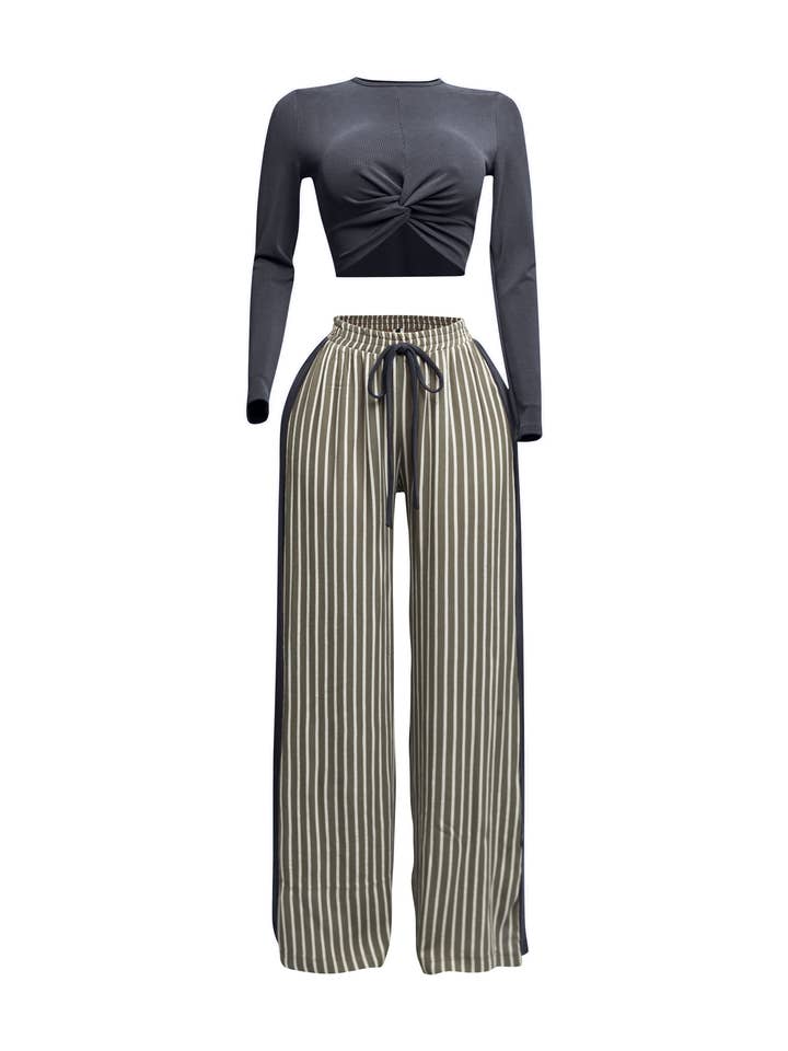 Plus Long sleeve knotted top and wide leg pants for wholesale by K Too