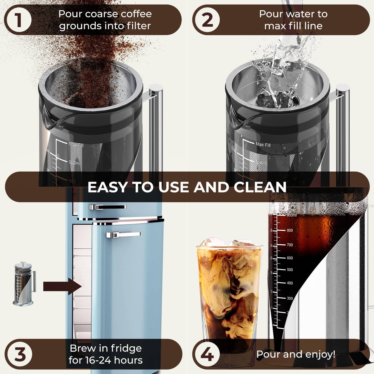 Infinite Basics – Máquina de café por atacado – Cafeteira de Café Cold Brew Cafe Du Chateau - Jarra de Café e Chá Gelado Hermética de 34oz com Rótulo de Medição, Filtro de Aço Inoxidável, Ideal para Armazenamento no Frigorífico2
