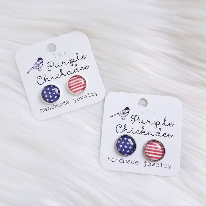 Stars and Stripes 12mm Cabochon Earrings for wholesale by The Purple Chickadee