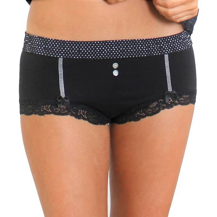 Schwarzes Boyshort mit Foxers Schwarz-Weiß-Punktband für den Großhandel von FOXERS