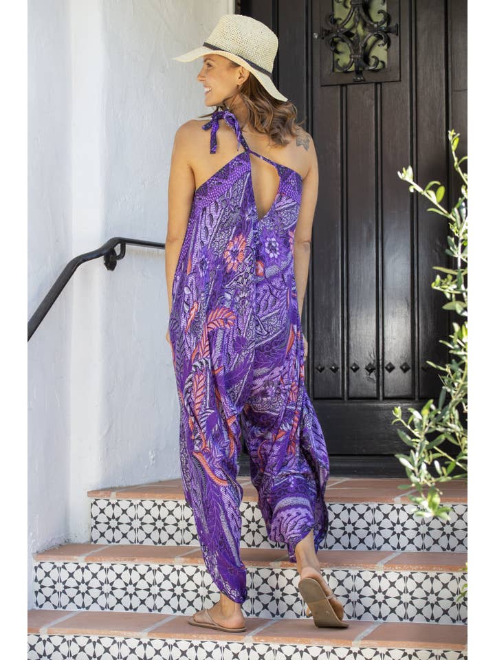 Bali Prema – wholesale Jumpsuit – Women's – Gypsy Summer Jumpsuit in Bird Cay Purple Leaf Batik No Pocket, Womens Beach Jumpsuit Convert to Dress, Boho Clothing
