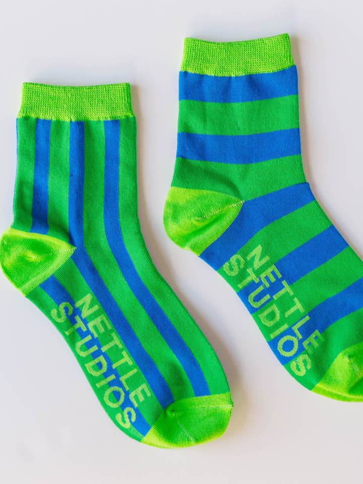 Women’s Spring Novelty Cotton Green Blue Striped Ankle Sock for wholesale by Nettle Studios