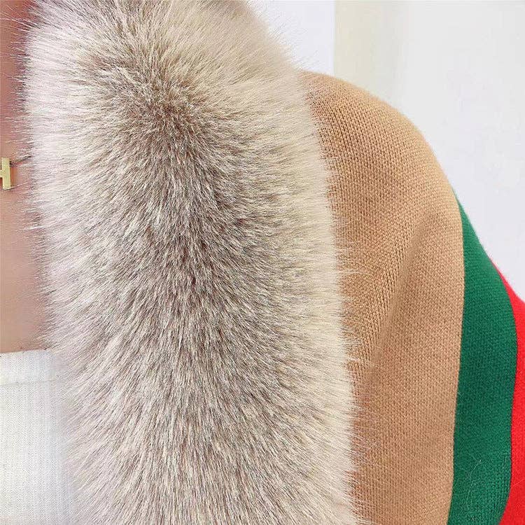 Ole - Wholesale Wrap - Women's - Striped Fur Collar Tassel Shawl S01849