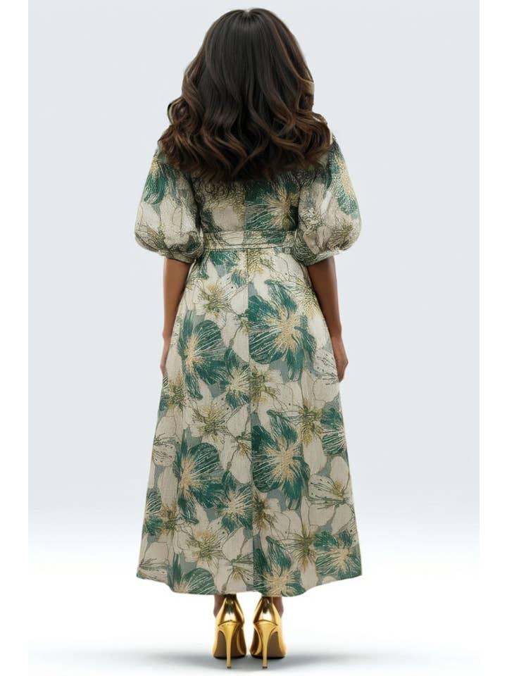 MULTI A95142 BROCADE PUFF SLEEVE MAXI DRESS for wholesale on Faire1