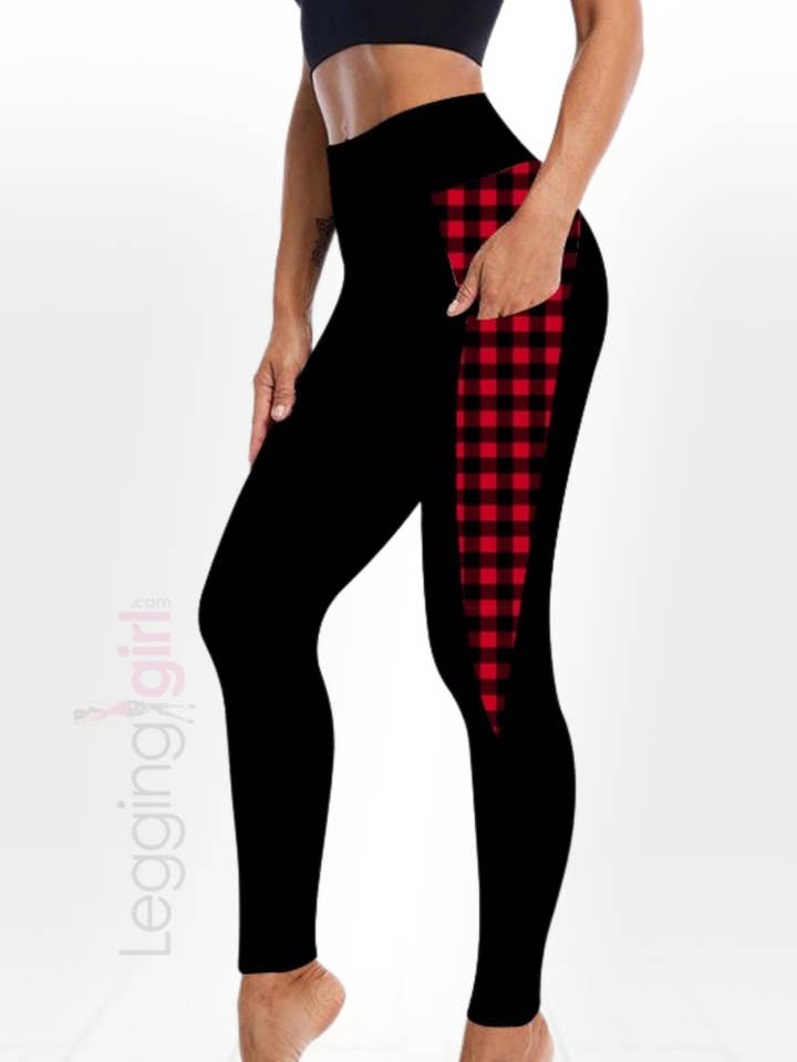 Solid Black with Buffalo Check Pockets - Wide Band Leggings for wholesale by LeggingGirl.com