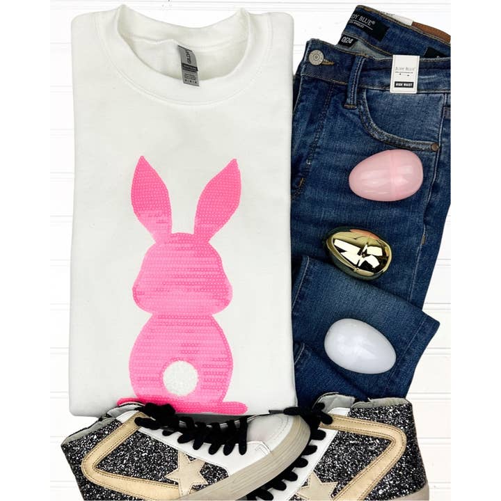 Rosafarbenes Gildan-Sweatshirt mit Häschen-Pailletten-Print für den Großhandel von Nikkilynn Wholesale