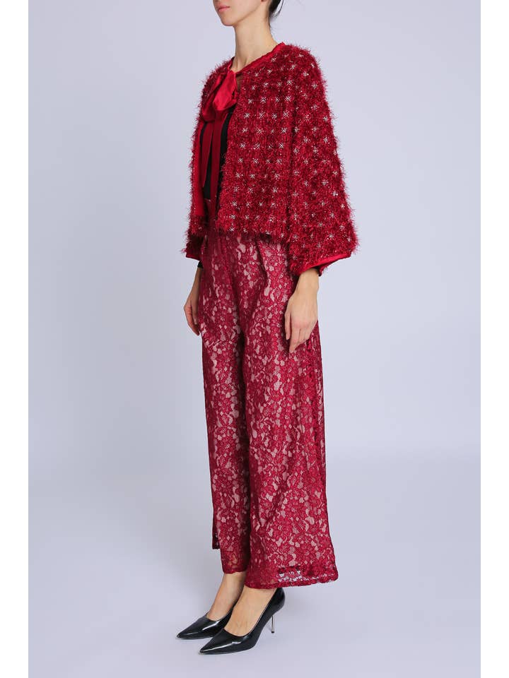Red Embellished Fuzzy Boucle Crop Jacket PC4109 for wholesale on Faire