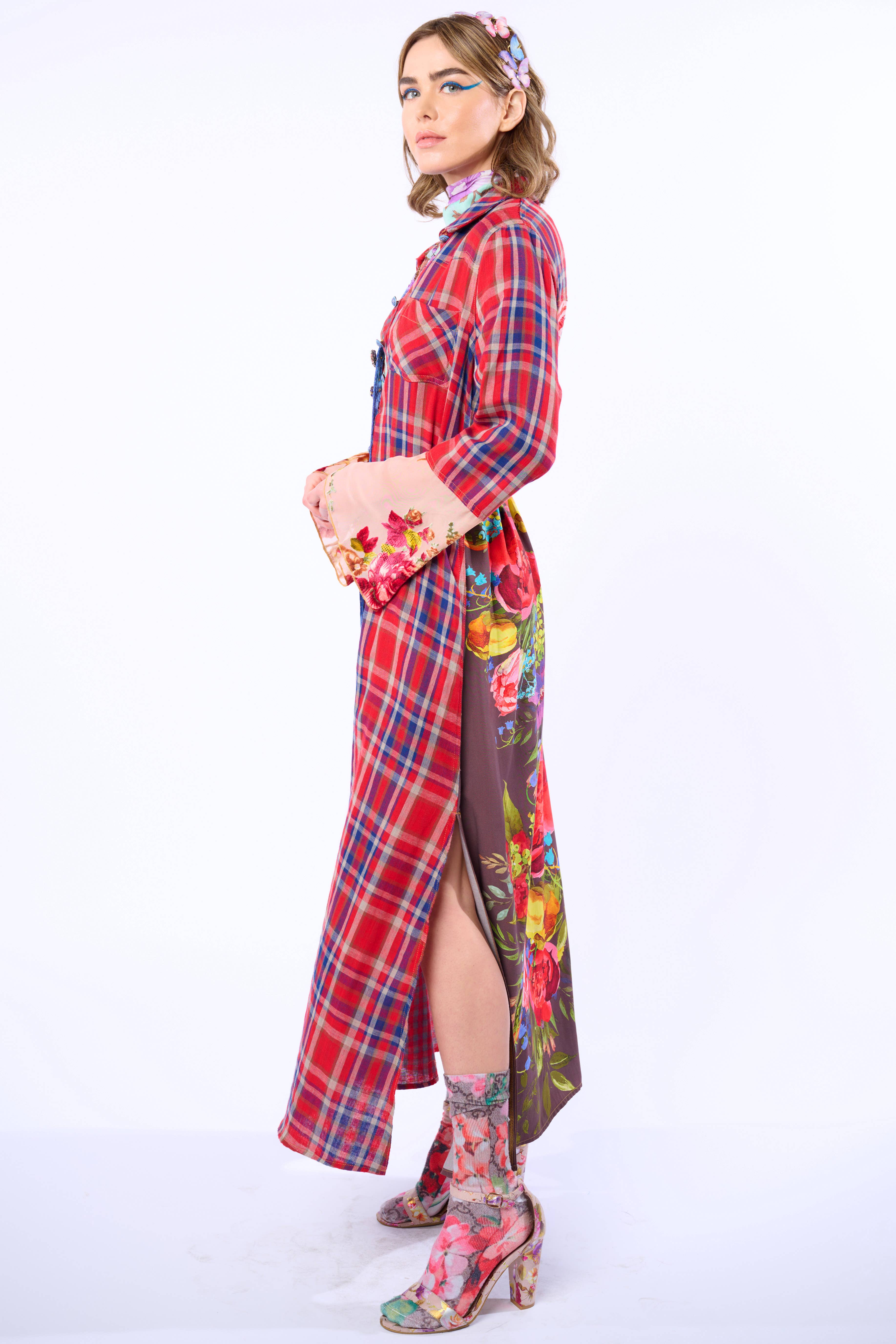 Rode geruite combinatie Anna knoopsluiting Maxi Overhemdjurk / Duster voor groothandel op Faire7