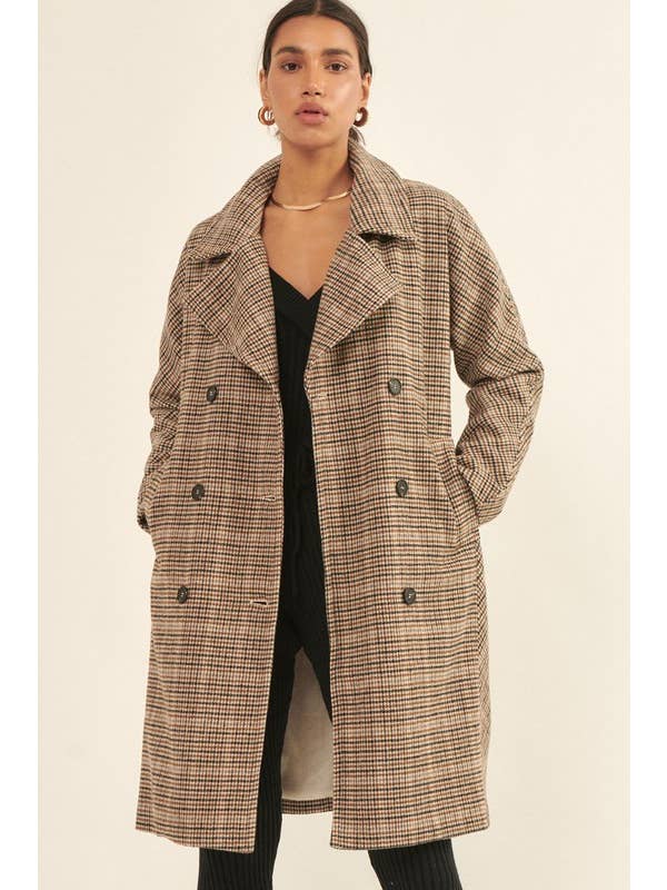 BROWN Houndstooth Double Breasted Long Sleeve Woven Coat for wholesale on Faire1