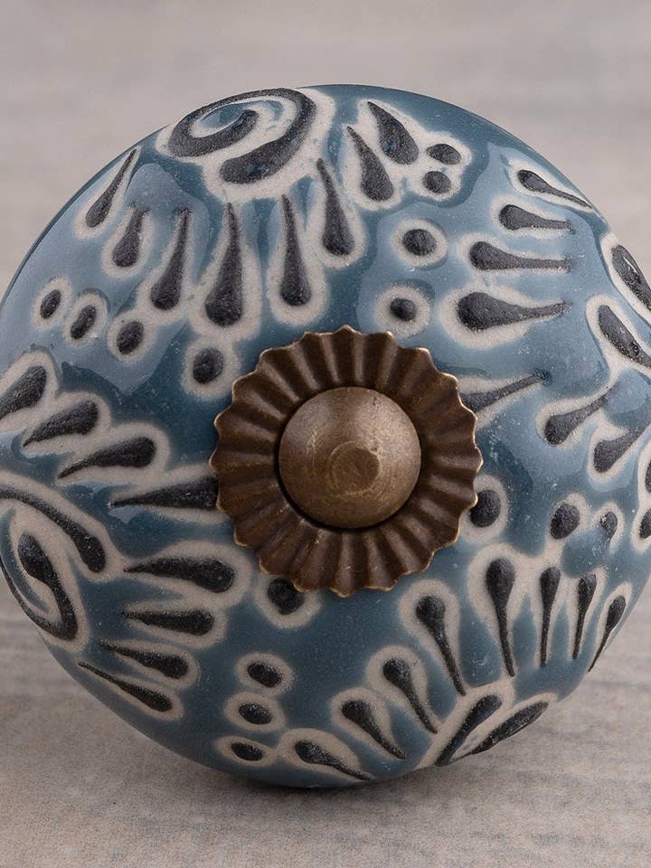 Hand painted Flower Design on Teal Color Base Kitchen Cabinet Drawer Dresser Knob for wholesale by KNOBCO