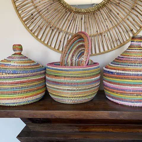 Rainbow Stripe Sweet Grass Large Lidded Basket for wholesale by Gitzell FairTrade