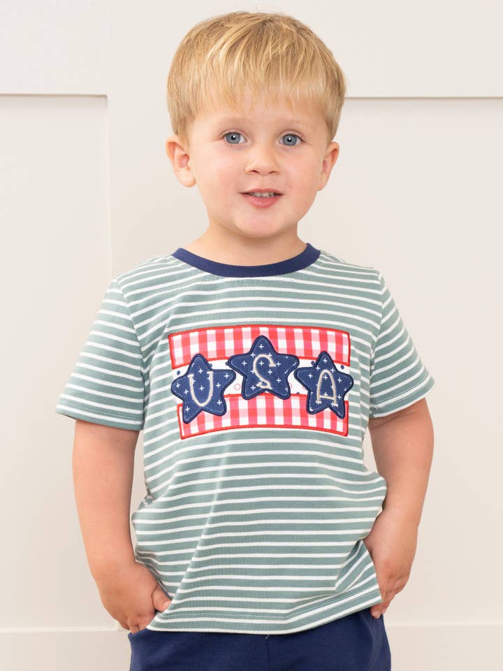 Marie Nicole Clothing - Wholesale T-Shirt - Kids - Green Striped Embroidered USA Shirt