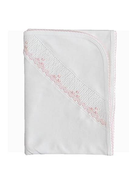 Marco and Lizzy – wholesale Filtar – Barn och baby – Vit smockad filt för flickbebis med rosa kant