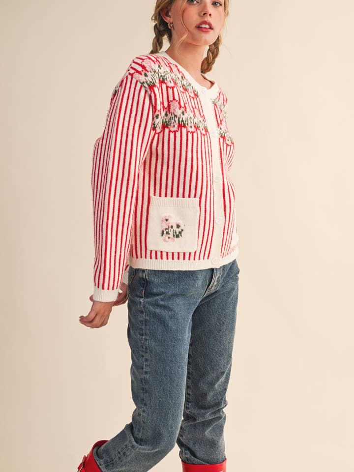 &MERCI - Wholesale Cardigan - Women's - STRIPED FLORAL SWEATER CARDIGAN MSW1105822