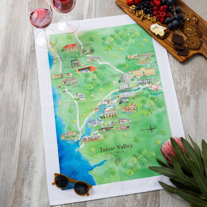 Tea Towel Tamar Valley 2.0 Wine Region Map for wholesale by Australian Map Gifts