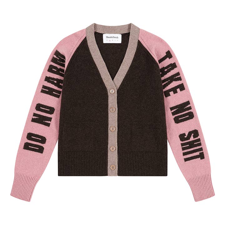 Do No Harm Take No Shit Lambswool Cardigan in Cocoa & Calamine for wholesale by Black & Beech