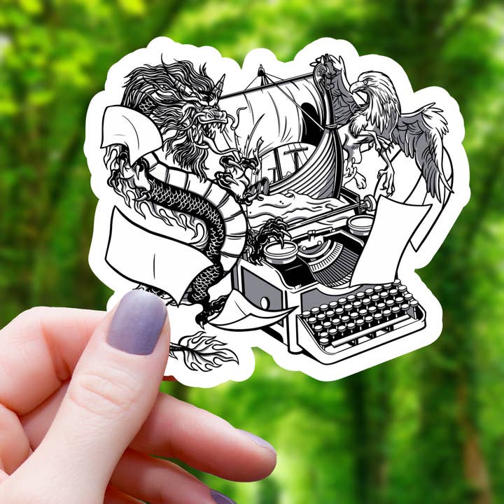 Fantasy Writer Typewriter Sticker - 3" for wholesale by Mimic Gaming Co