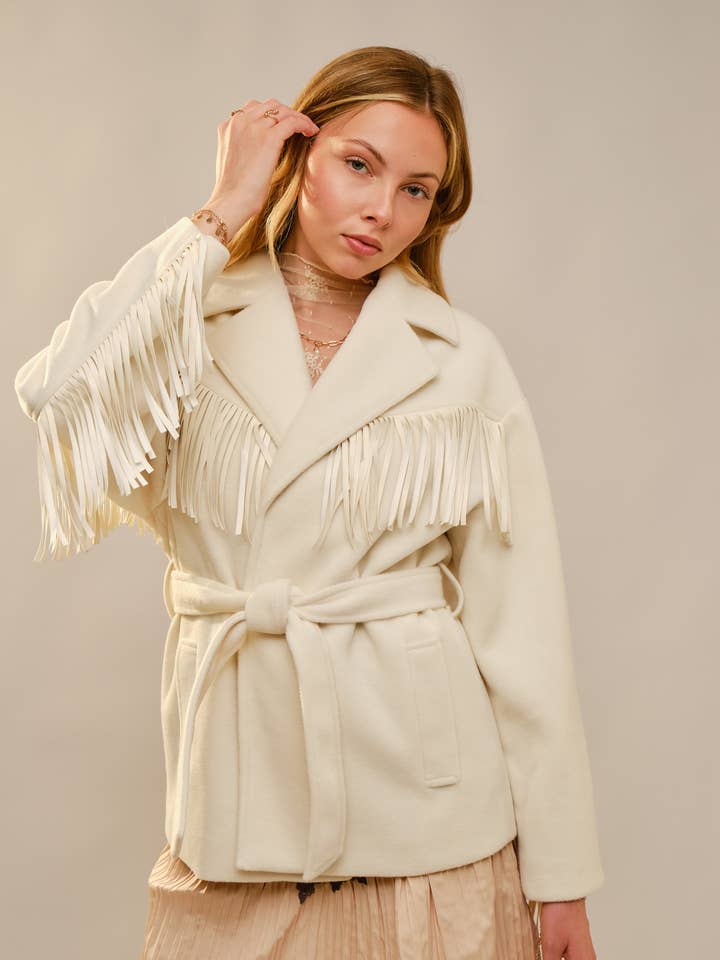 23471J- Självknuten Bälte Med Fransar Jacka för wholesale av Blue B