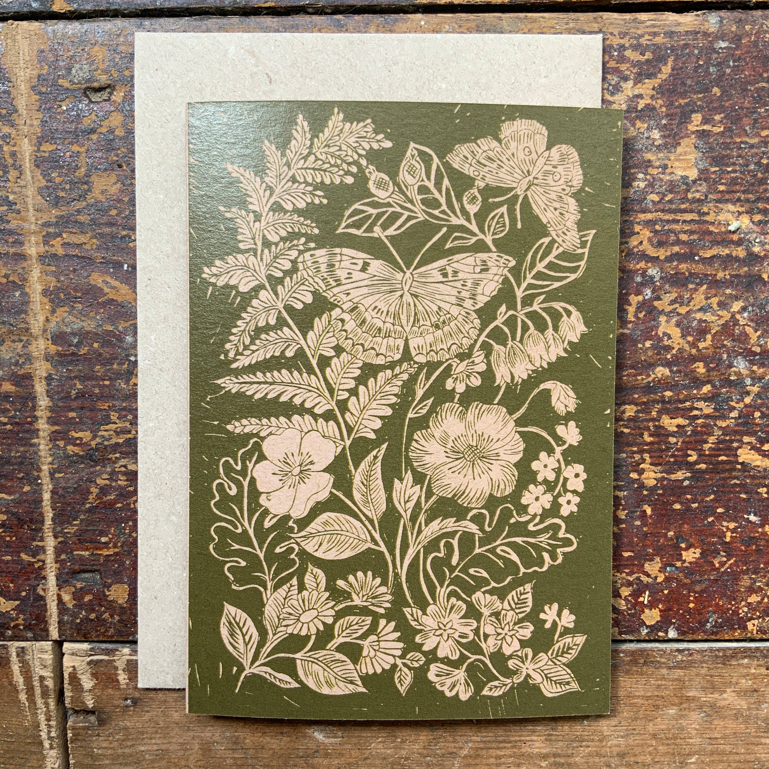 Vivienne Keable - Wholesale Everyday Greeting Card - Linocut Print Card 'Fern, Butterfly and Wild Flower'1