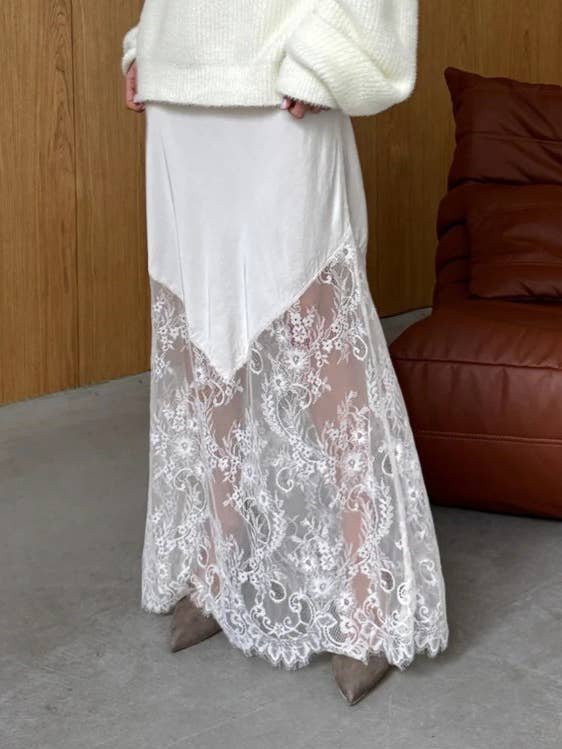 Classic Satin Patchwork Sheer Lace Maxi Skirt for wholesale by Rosa Clothing