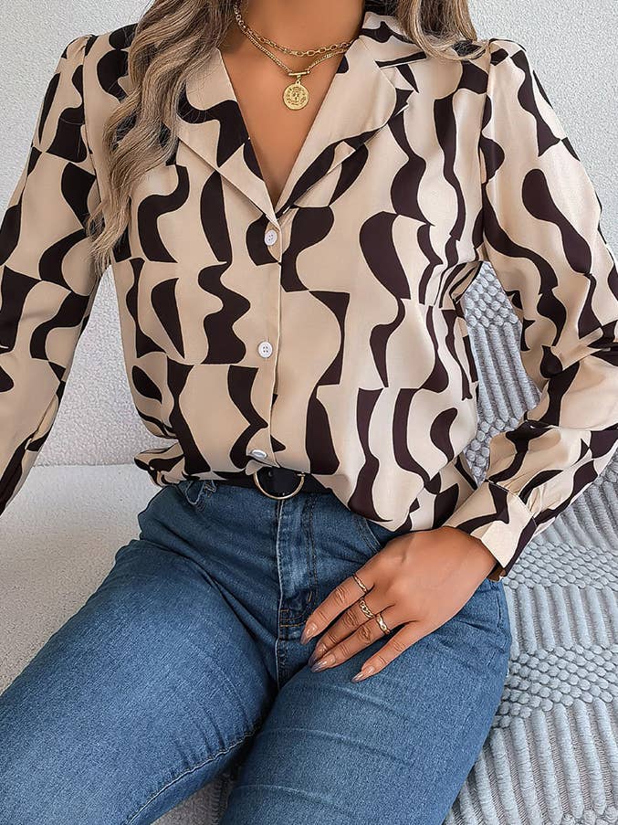 Blockcolor Print Button Up Tailored Collar Blouse Shirt for wholesale by Comely Fashion