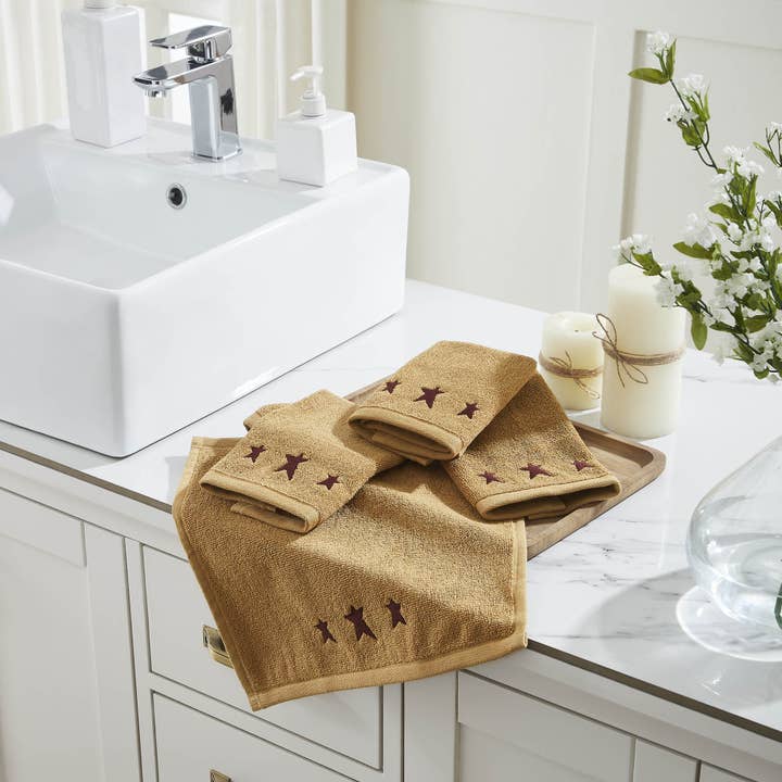 VHC Brands - Wholesale Wash Cloth - Burgundy Prim Stars Tan Washcloth Set of 4 12x12
