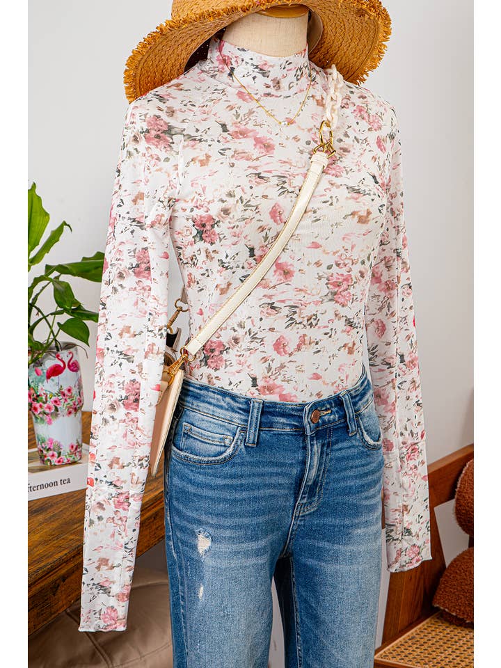 fashionworks - Wholesale Blouse - Women's - Fashion-W Floral Long Sleeve High Neck Sheath Mesh Blouse