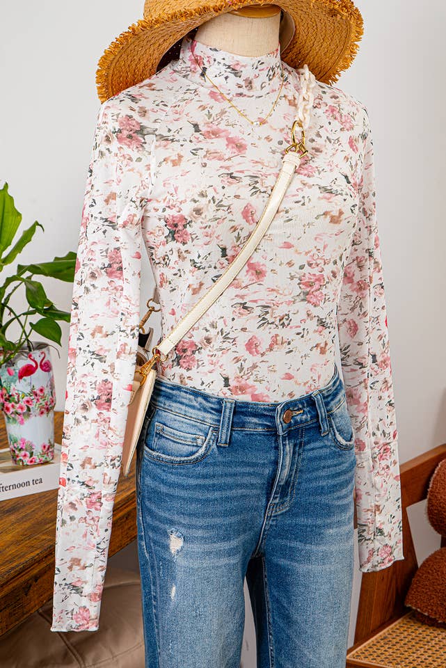 fashionworks - Wholesale Blouse - Women's - Fashion-W Floral Long Sleeve Mock Neck Sheath Mesh Blouse7