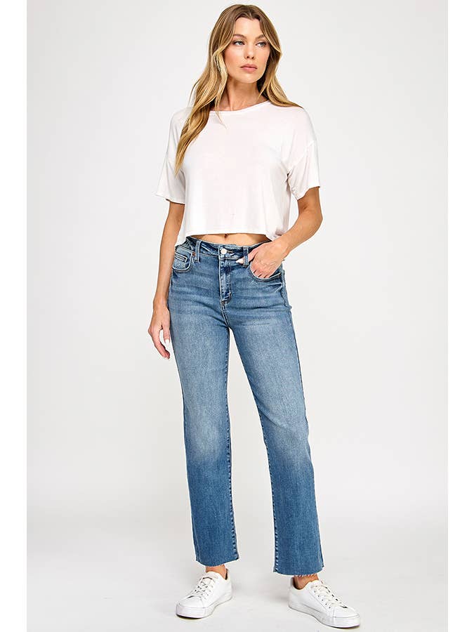 Medium ♡20% OFF♡ HIGH RISE SCISSOR CUT HEM SLIM STRAIGHT JEANS- MED for wholesale on Faire