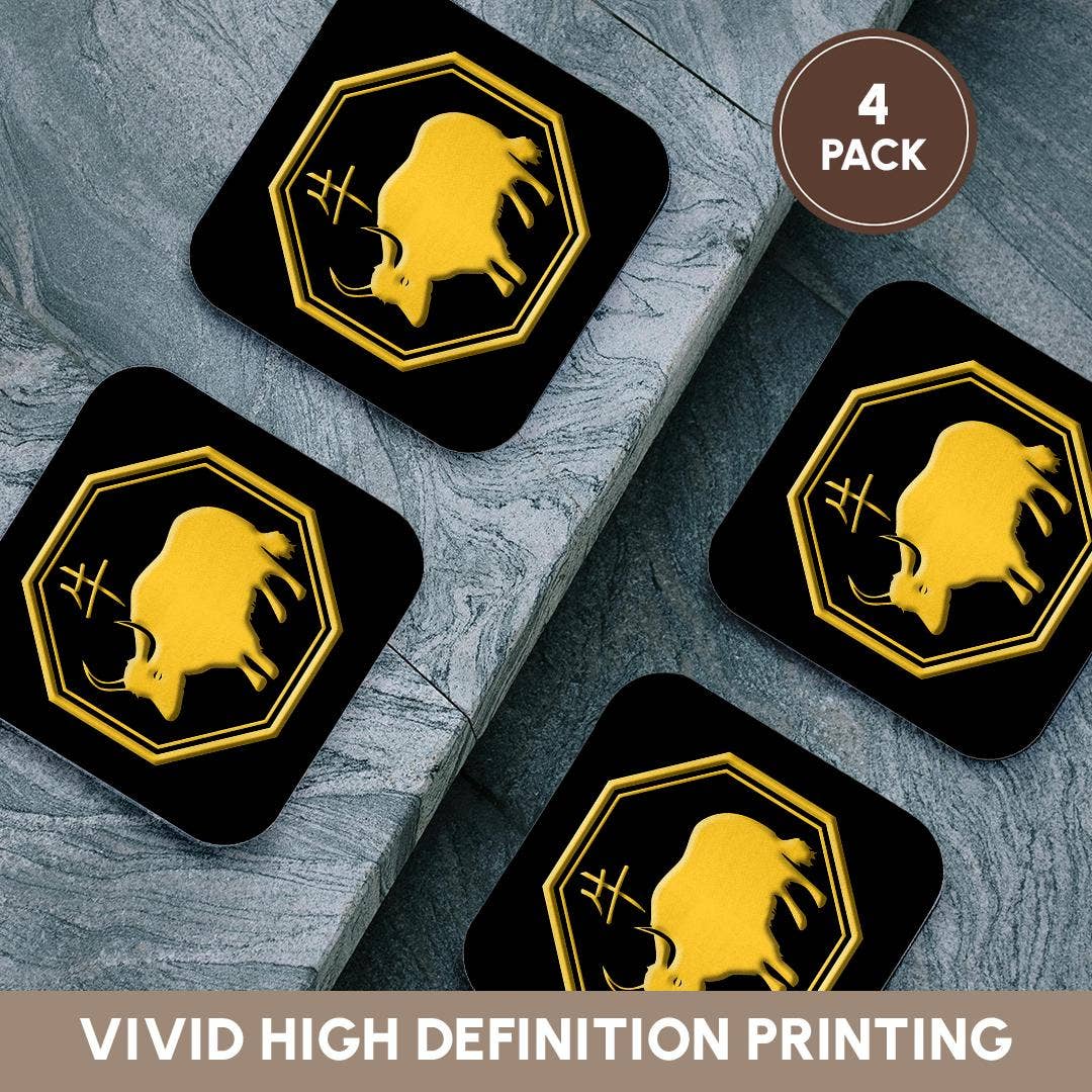 3dRose - Wholesale Coasters - 3dRose, Chinese zodiac symbols. Yellow on black image. The year of the ox, Coaster12