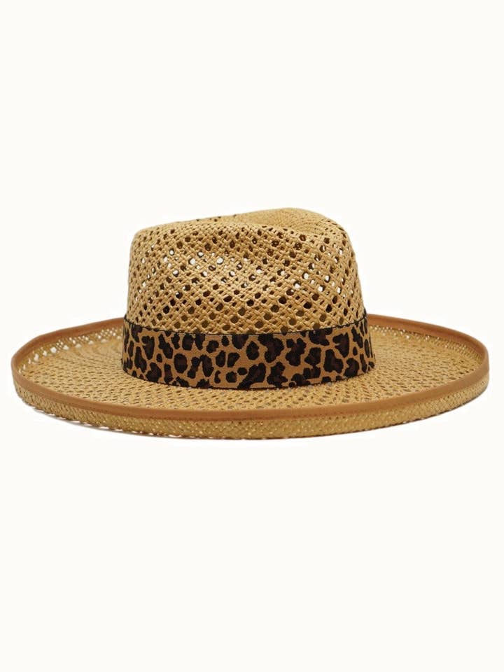 Leopard Banded Straw Pencil Brim Rancher, Adjustable for wholesale by Olive & Pique