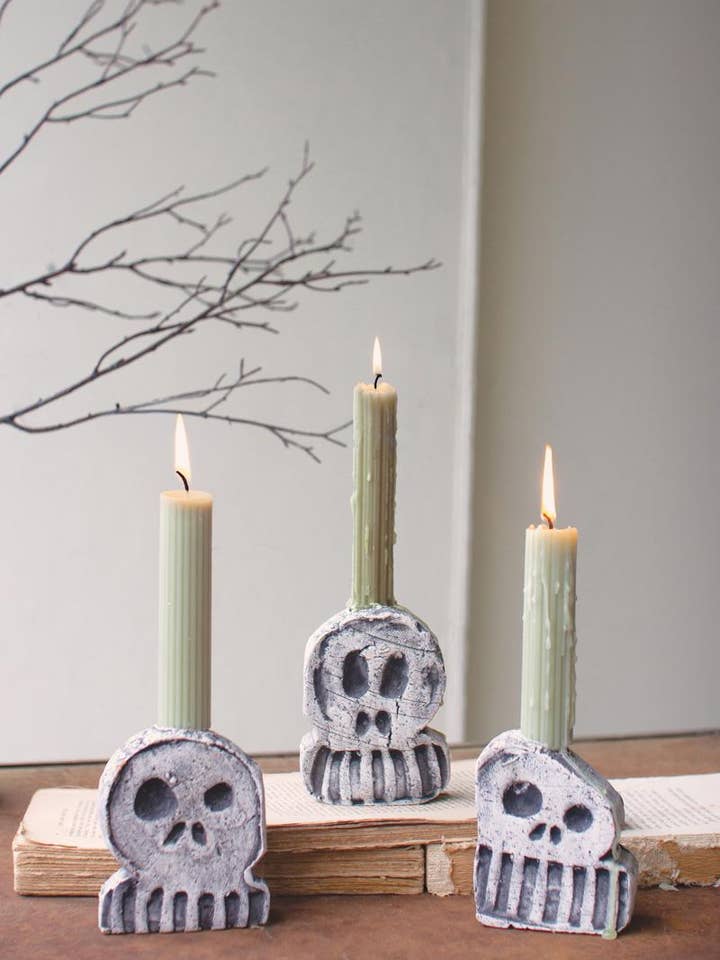 SET OF THREE HALLOWEEN SKULL TAPER CANDLE HOLDERS for wholesale by Kalalou
