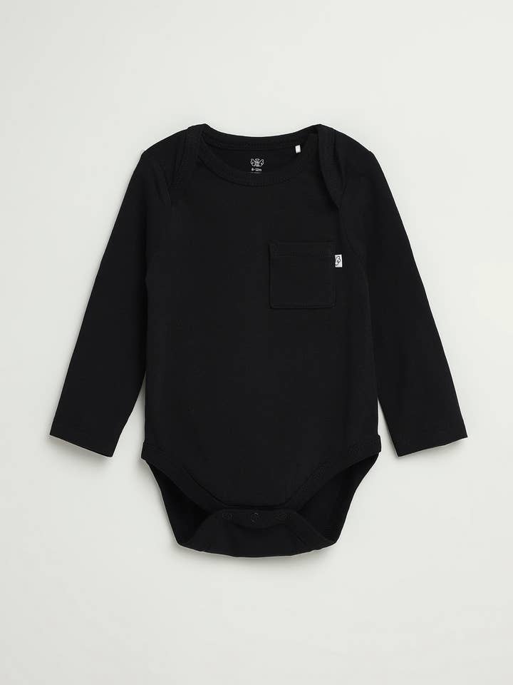 Black Prayer Pocket Long Sleeve Bodysuit Cotton for wholesale by Holy Pals