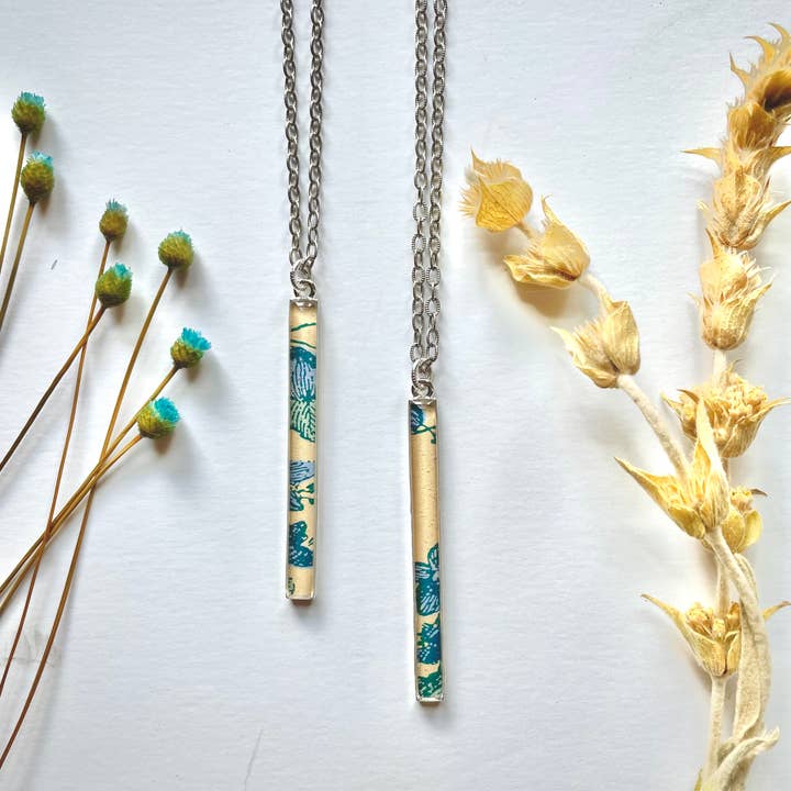 joeyfivecents - Wholesale Pendant/Charm Necklace - Long slim silver rectangle necklace - abstract design, blues