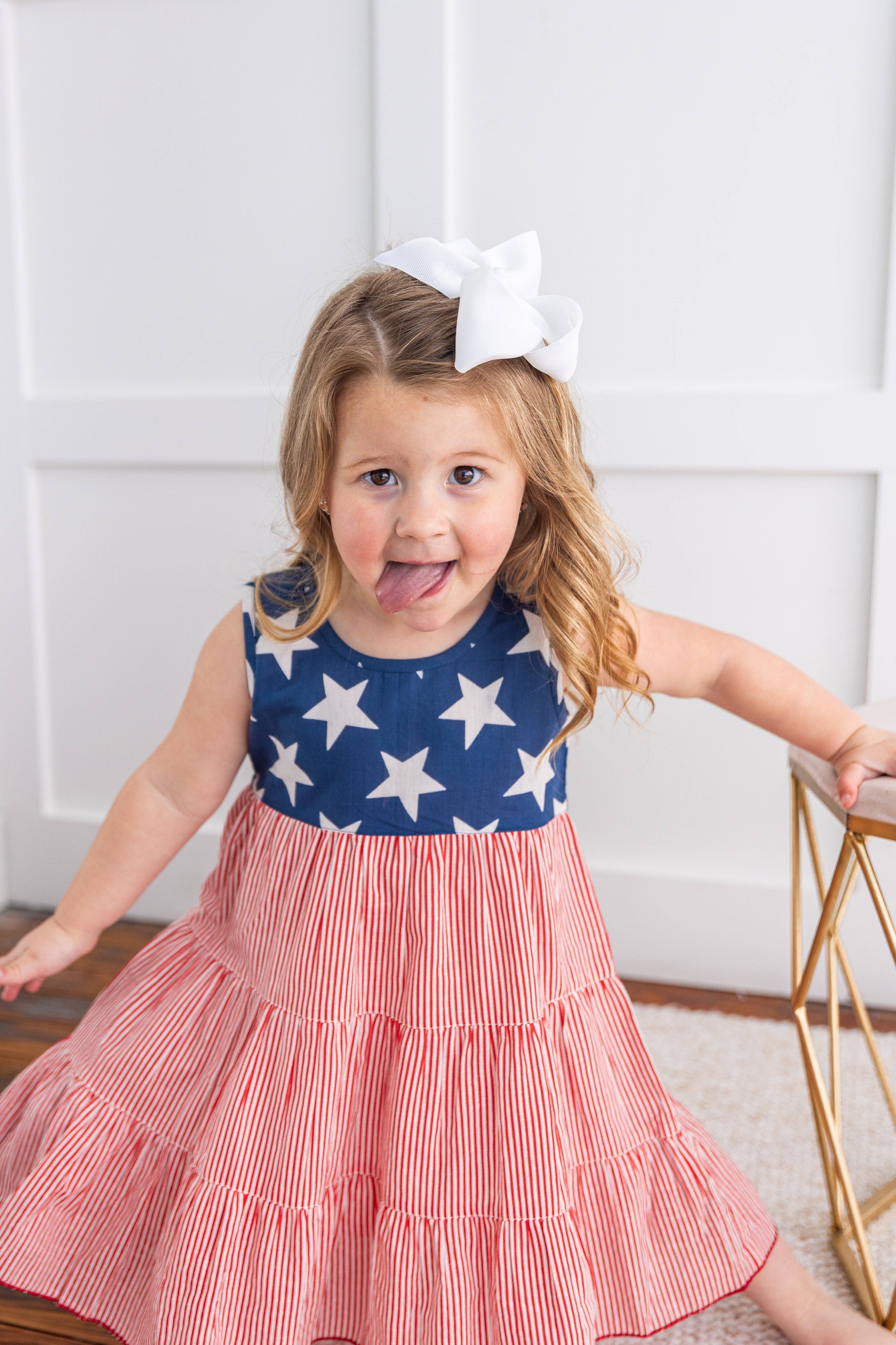 Yo Baby - Wholesale Dress - Kids - Stars & Red Striped Printed Tiered Gathered Dress5