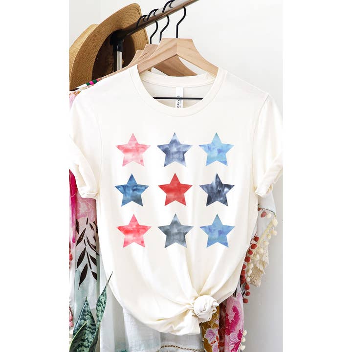 Watercolor Patriotic Star Grid Graphic Tee PLUS for wholesale by Kissed Apparel