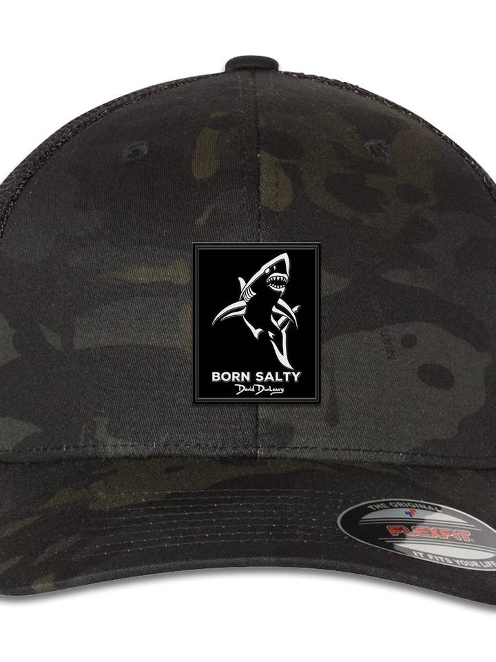 Born Salty Shark Deco 6 Panel Trucker Snapback Hat Multicam Black Black for wholesale by David Dunleavy