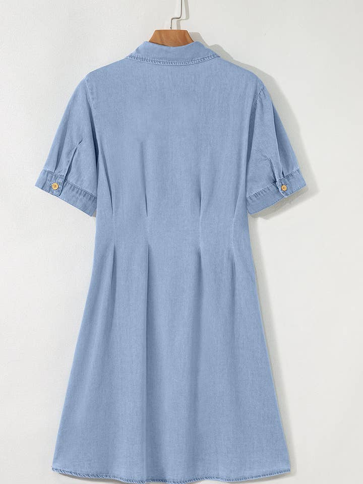 Myosotis Denim Pleated Slim Waist Short Sleeve Shirt Dress for wholesale on Faire9