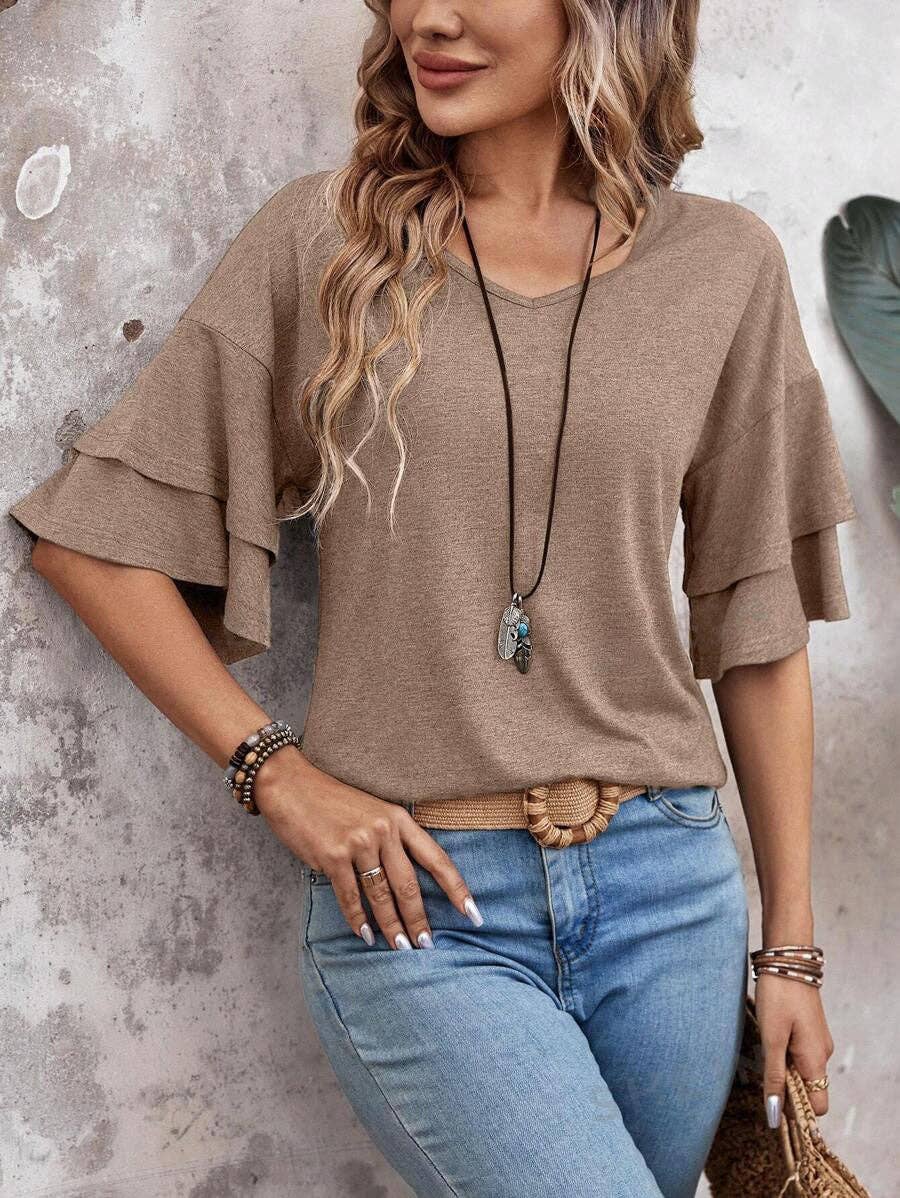 Suhkasana - Wholesale Blouse - Women's - Women's V-Neck Flutter Sleeve Top – Casual Summer T-Shirt24