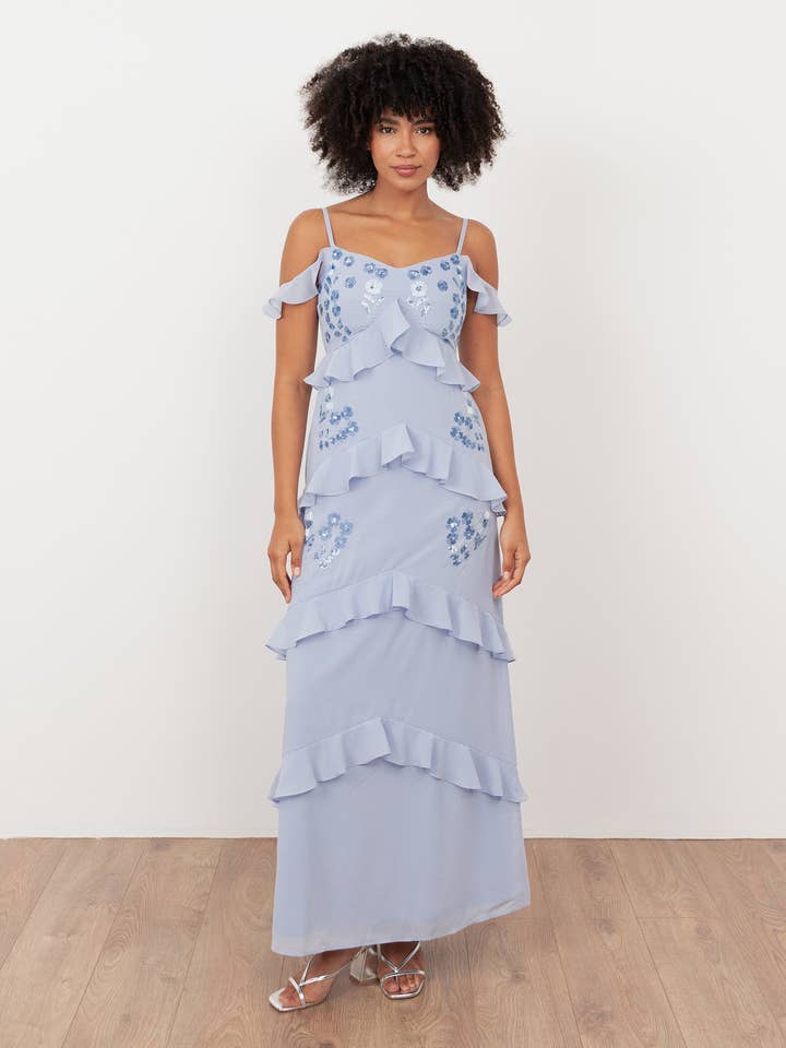 Maya Pastel Blue Floral Embroidered Cold Shoulder Maxi Dress for wholesale by Plaza Collection Ltd