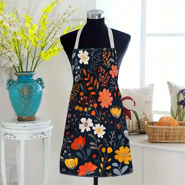 Floral Linen Apron with Pocket, Adjustable Neck Strap for wholesale by Huis Van Merken