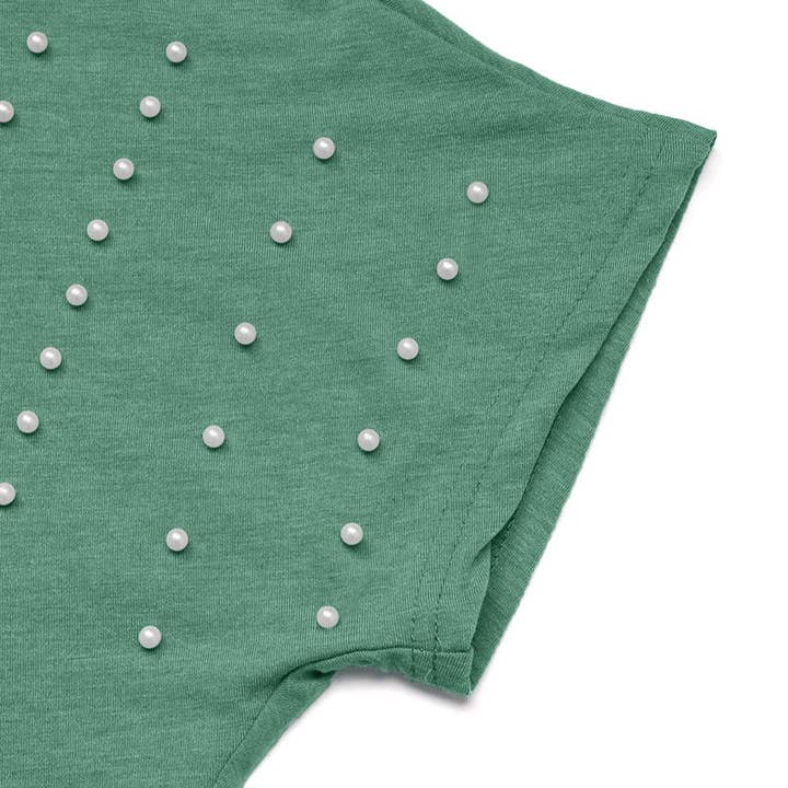 Green Pearl Embellished Crew Neck Short Sleeve Casual T-Shirt for wholesale on Faire