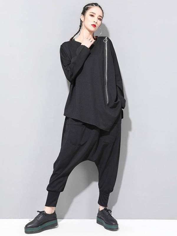 Sheer Trend - Wholesale Tunic - Women's - Black&White Asymmetric Zipper Split-Joint Loose T-Shirt Tops11