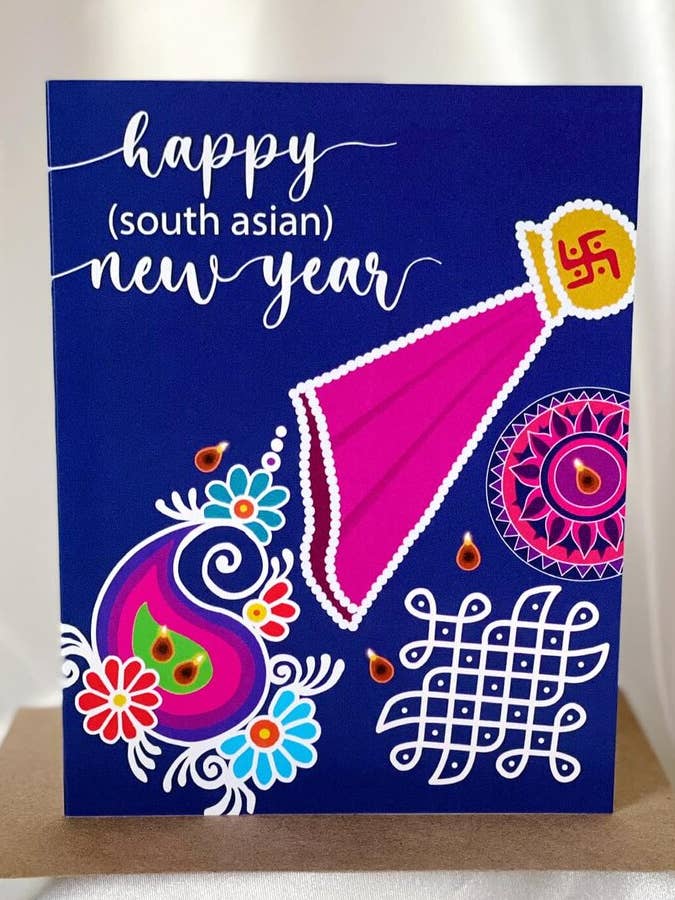 Carte de vœux de joyeux Nouvel An sud-asiatique, tamoul, telegu, télougou, sri lankais, Bangladesh, cadeaux d'Asie du Sud pour la vente par chit-chaat