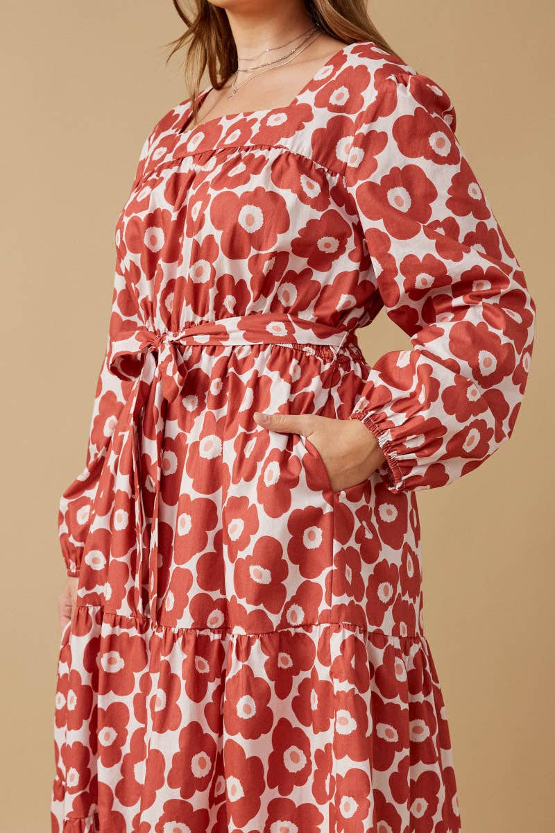 Mauve Womens Bold Floral Print Belted Square Neck Dress for wholesale on Faire8