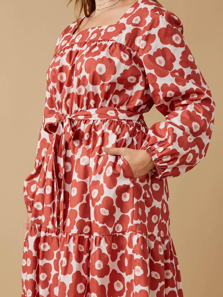 Malva Vestido con cuello cuadrado con cinturón y estampado floral atrevido para mujer de venta al por mayor en Faire8