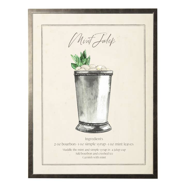 Watercolor mint julep drink with recipe for wholesale by Antique Curiosities Inc