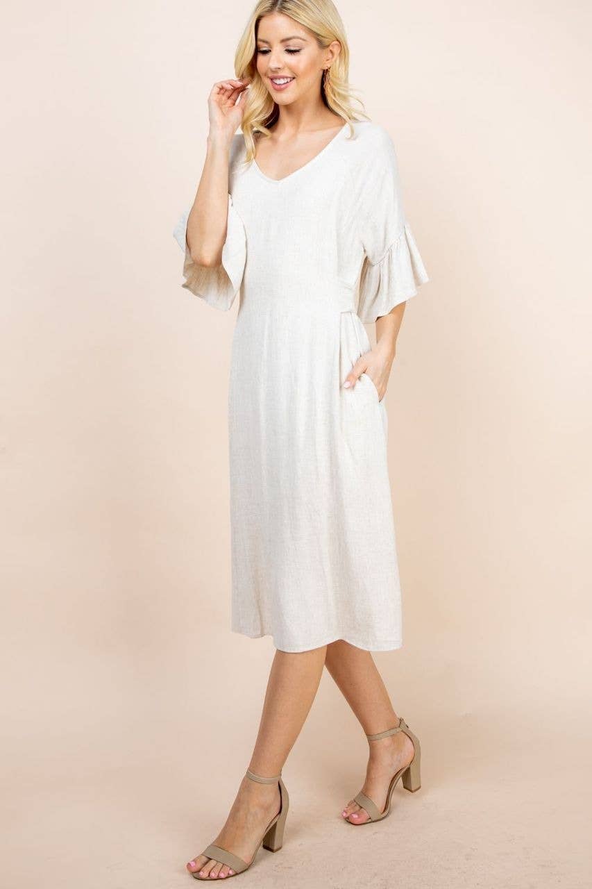 Gruau SD2120A ROBE EN LIN À COL EN V BORDEAUX AVEC DOUBLURE INTÉGRALE AVEC POCHES en vente sur Faire2